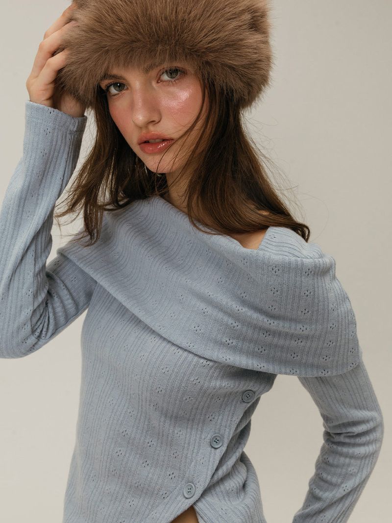 BUTTON OFF SHOULDER T-SHIRT / CHARCOAL