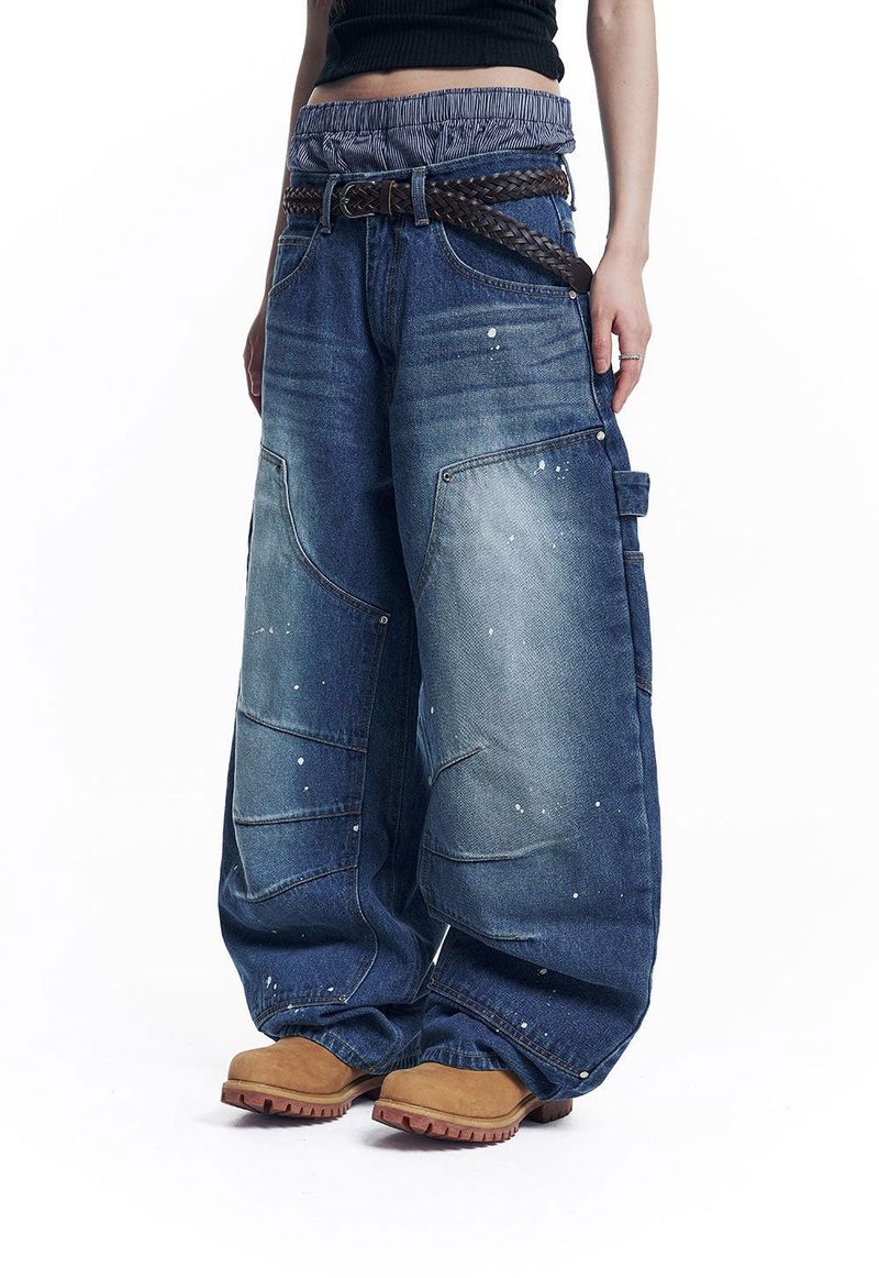 Curved Double Knee Denim Pants - Deep Blue