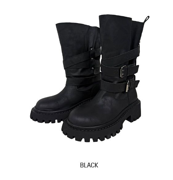  +6cm Vintage Crack Buckle Studded Mid Boots