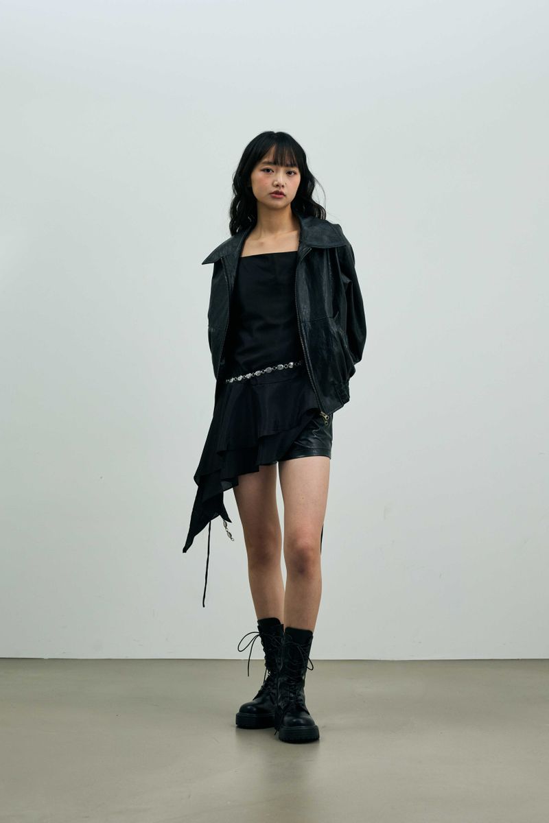 PAMELA LEATHER BOMBER JACKET / BLACK