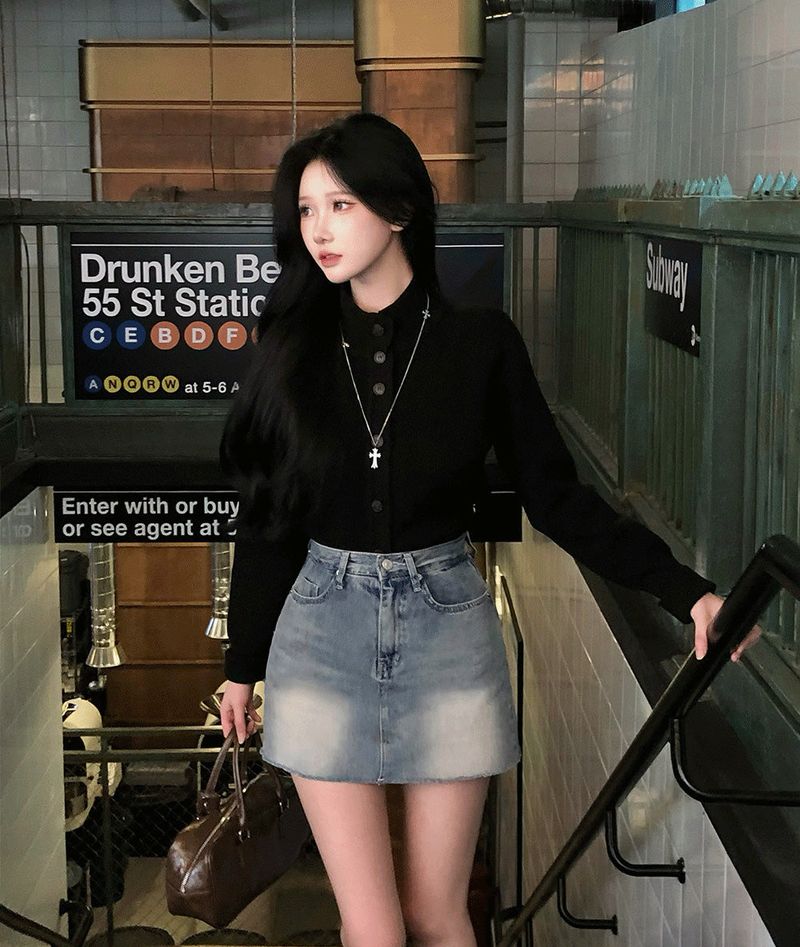 [BELLIDE MADE] semi-high-neck knit cardigan