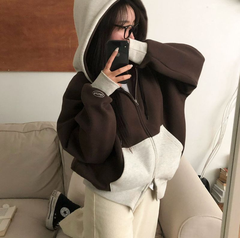 [BELLIDE MADE] two-tone coloring wool boxy hooded zip-up
