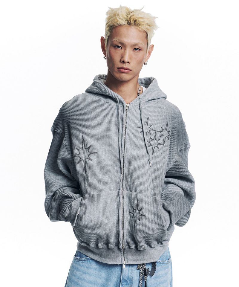 Washed Star Waffle Hooded Zip-Up - Grey