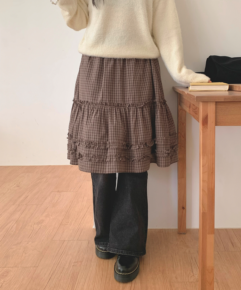 Luen midi checkered skirt Fall layered frill soft fit