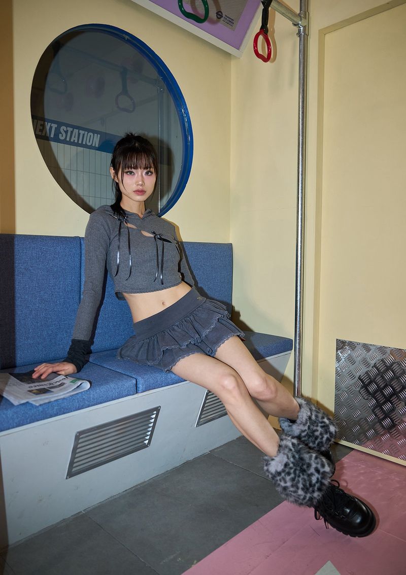 wave lace ribbon hoody - grey