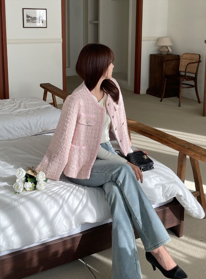 Lock color matching round pearl tweed jacket