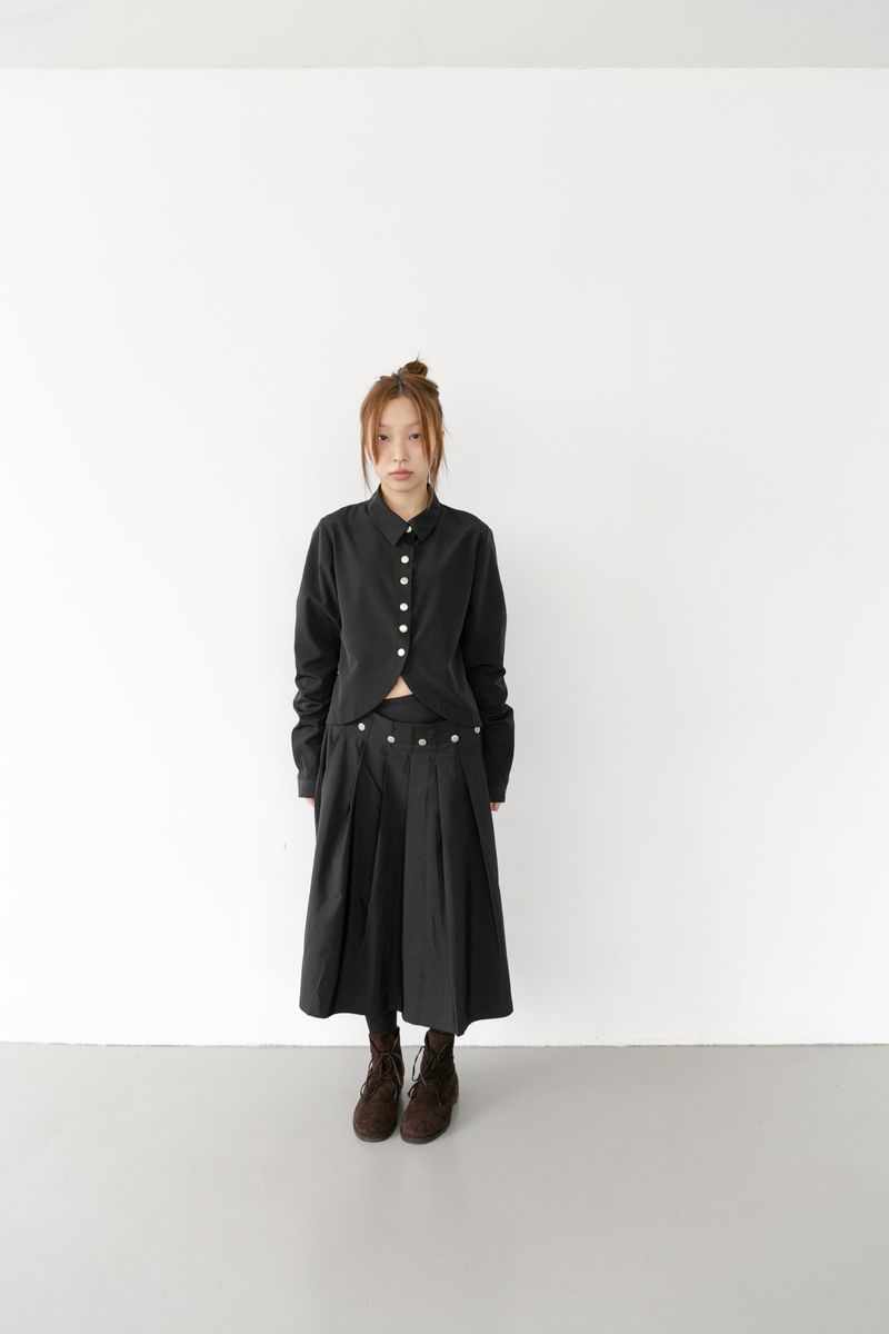 snap button unbal pleats skirt(2colors)