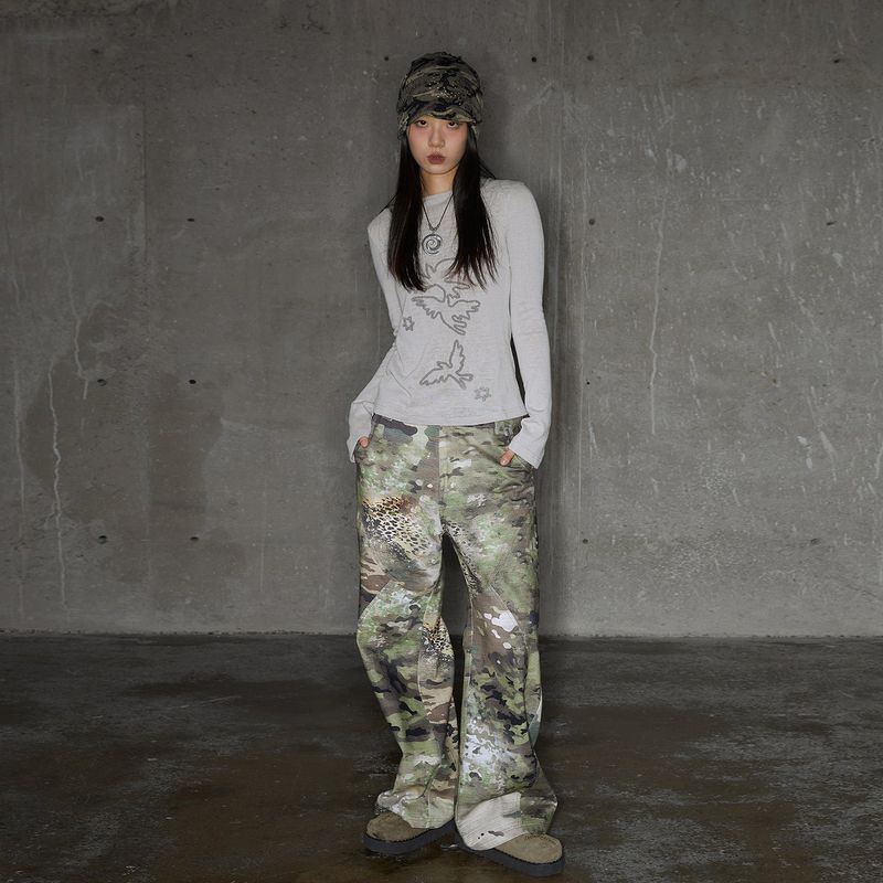 Camouflage leopard print split design loose straight trousers