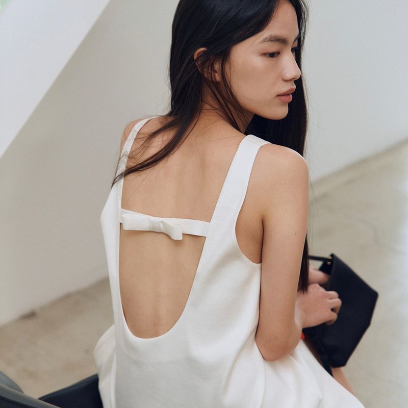 Bow Embellished Sleeveless Mini Dress_Ivory