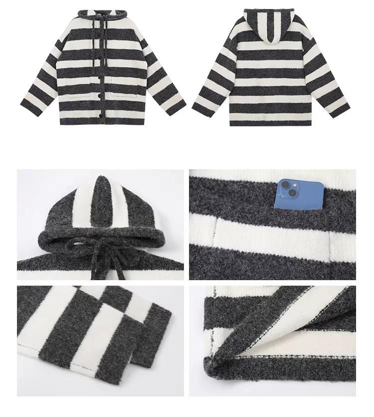 wool knit striped hooded over cardigan