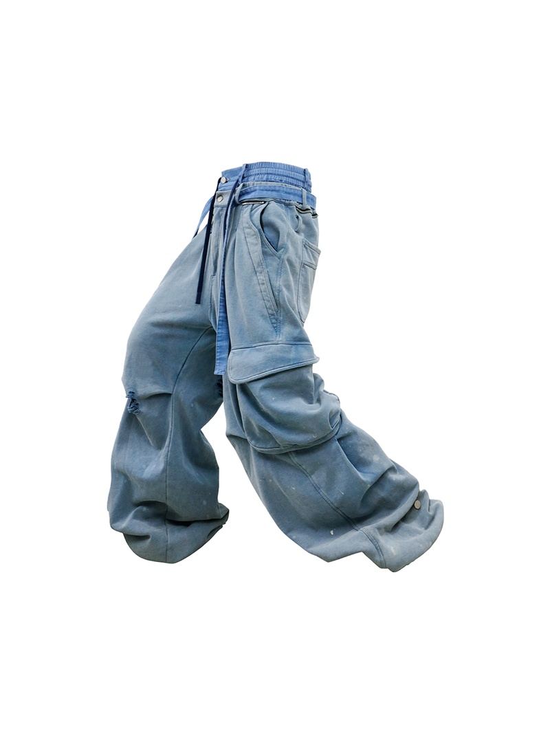 RELABEL（リレーベル）の「RELABEL (RE-MAKE) Double-Waist, Splashed-Ink, Washed, Distressed Ice-Blue Cargo Sweatpants（Pants）」