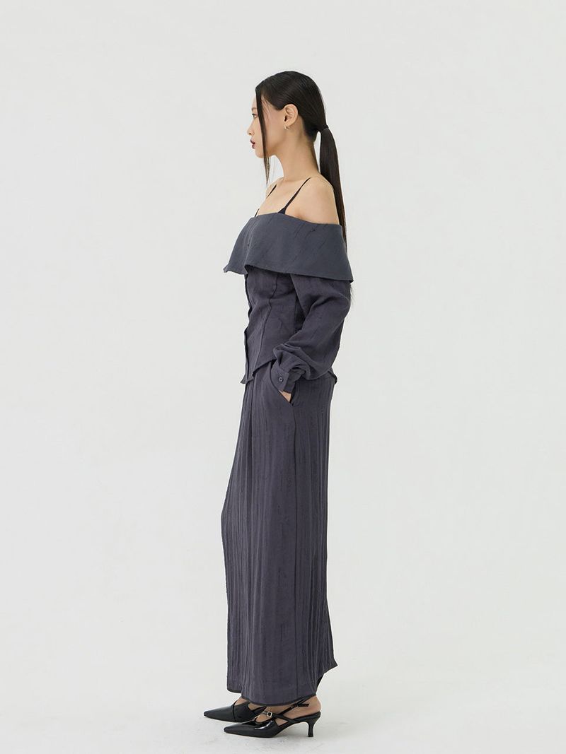 Scratch Cape Off-Shoulder Belted Shirt, Charcoal