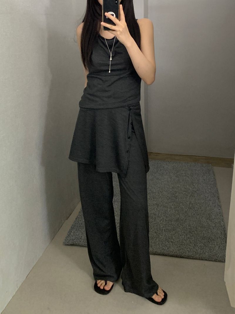 [set] Willow Drape Sleeveless Top &   Elastic-Waist Skirt-Pants Set