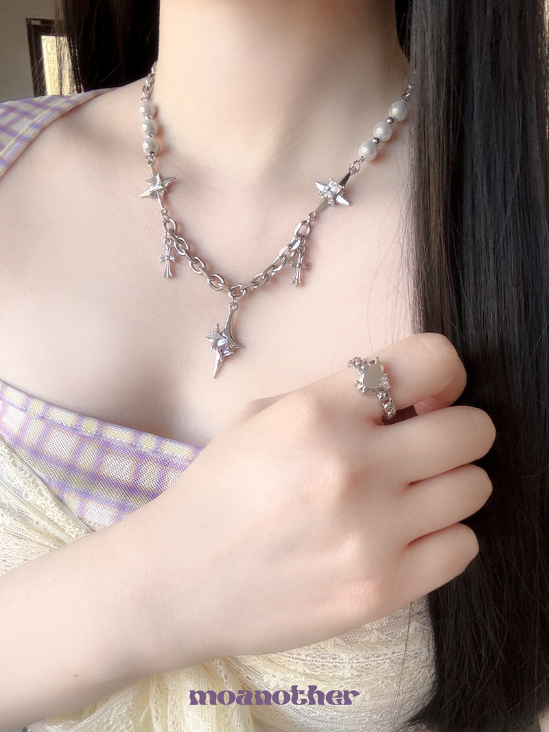 [Surgical Steel] パールクロスキュービックネックレス
