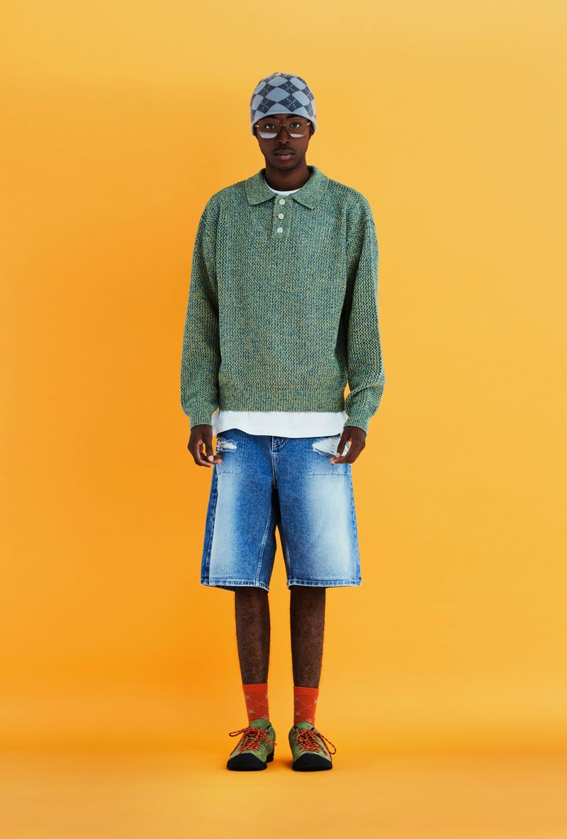 MESH KNIT POLO SHIRT / BLUE&LIME