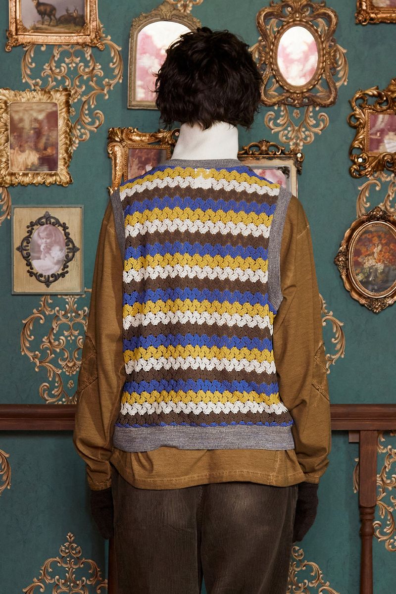 STRIPE CROCHET KNIT VEST / YELLOW