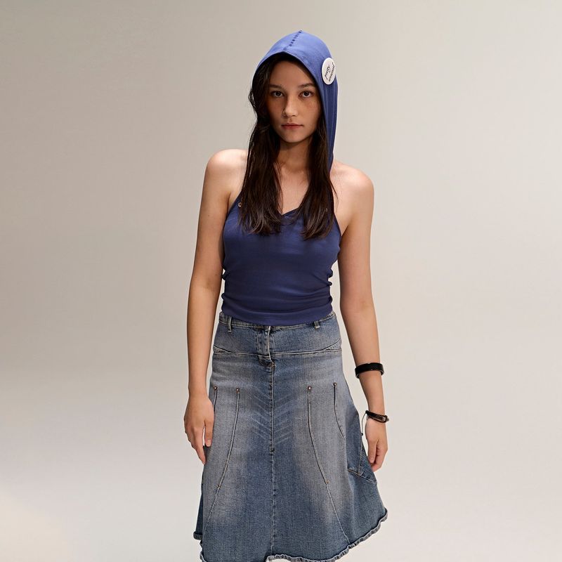Button Hood Halterneck Top Navy