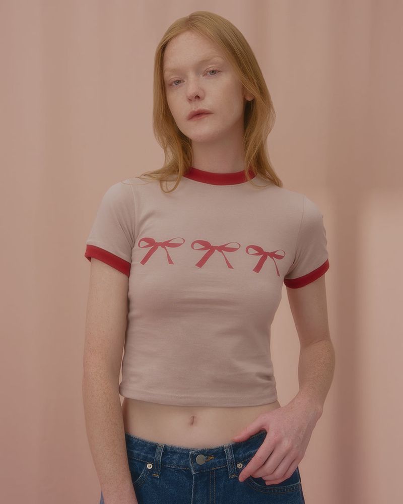 TRIPLE RIBBON RINGER TSHIRT-BEIGE