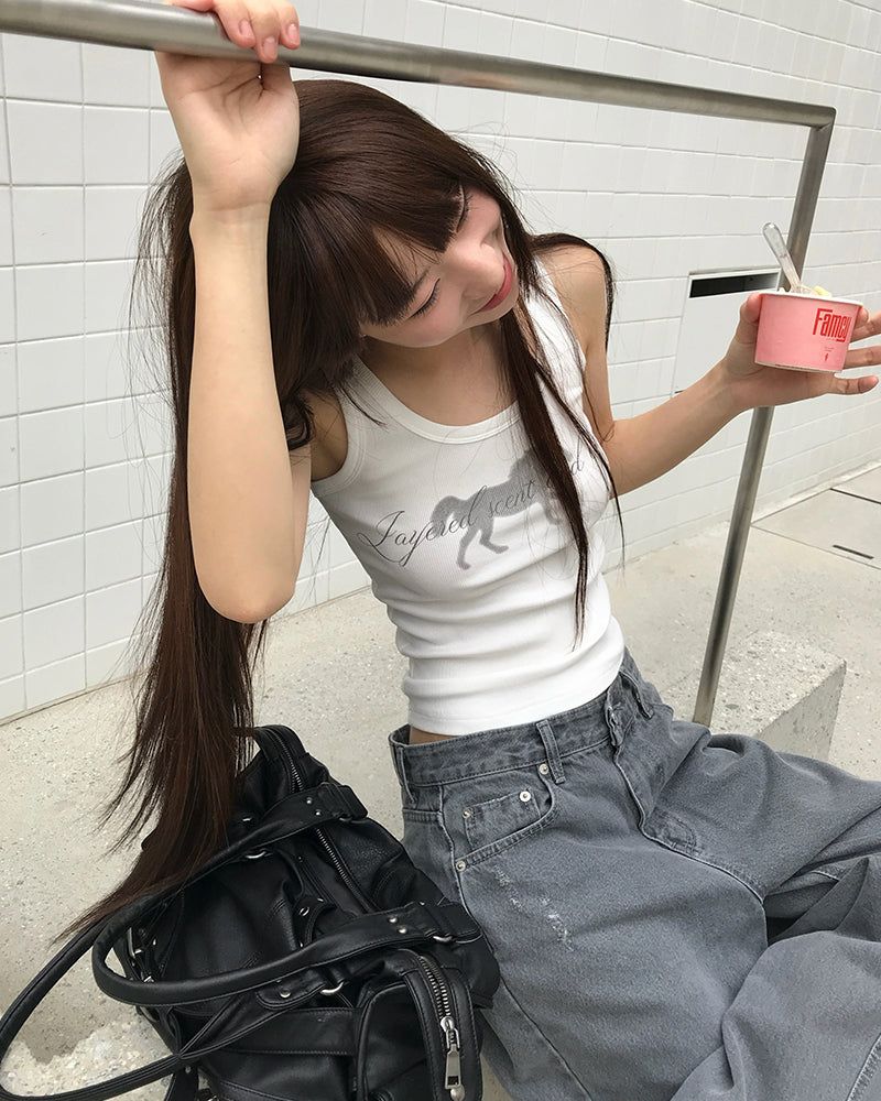 BEIDELLI（ベイデリー）の「[ORIGINAL] Ash U-neck Lettering Ribbed Sleeveless（Tops）」