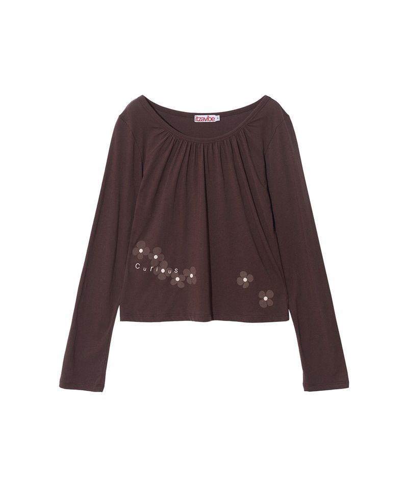 FLOWER SHIRRING SLIM LONG SLEEVE - BROWN