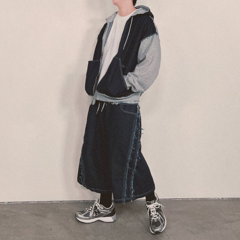 layered deconstructed denim capri shorts_blue