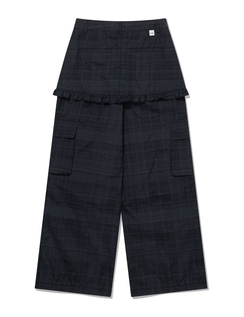 RUFFLE CHECKERED SKIRT CARGO PANTS(BLACK)