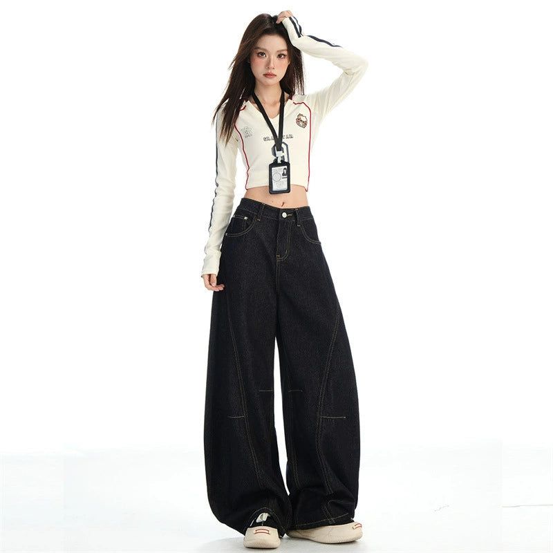 Navy-cut High-waist Mixed Denim Pants