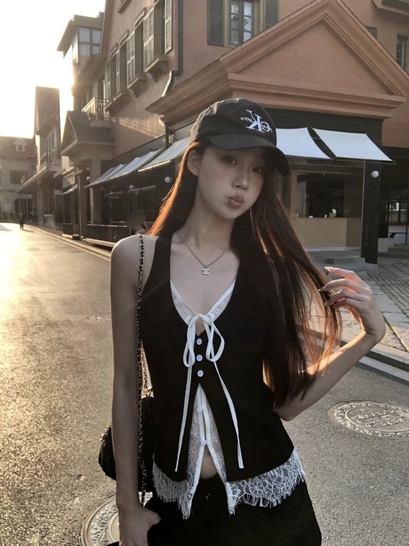 Black Lace Layered Vest Sleeveless Top