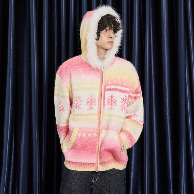 Snow Gradation Fur Hood Knit Zip Up