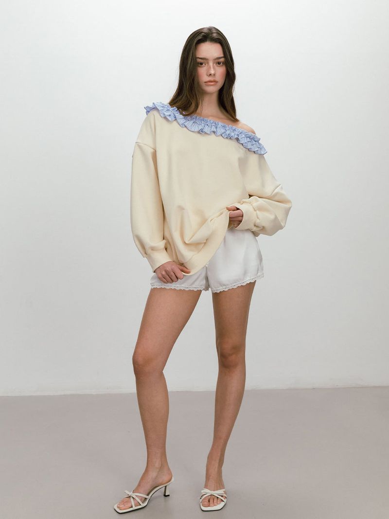 FRILL OFF SHOULDER SWEATSHIRT / BUTTER