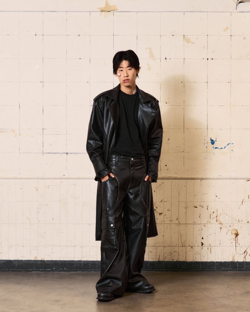 Curved Leather Trench coat (Black)