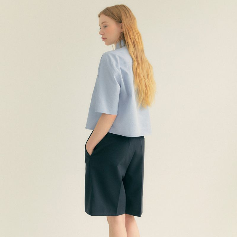 Stripe Wrinkle Pocket Crop Shirt (Light blue)