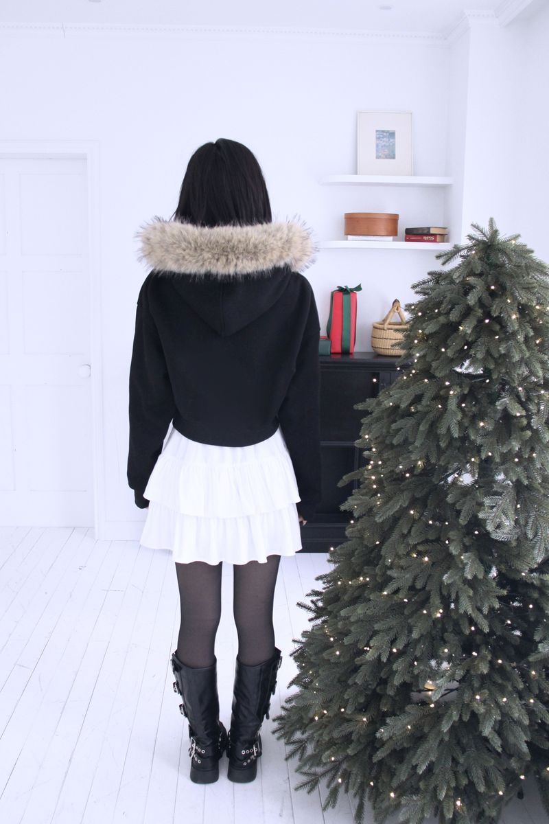 Cropped Fur Hooded Zip-Up (2color)