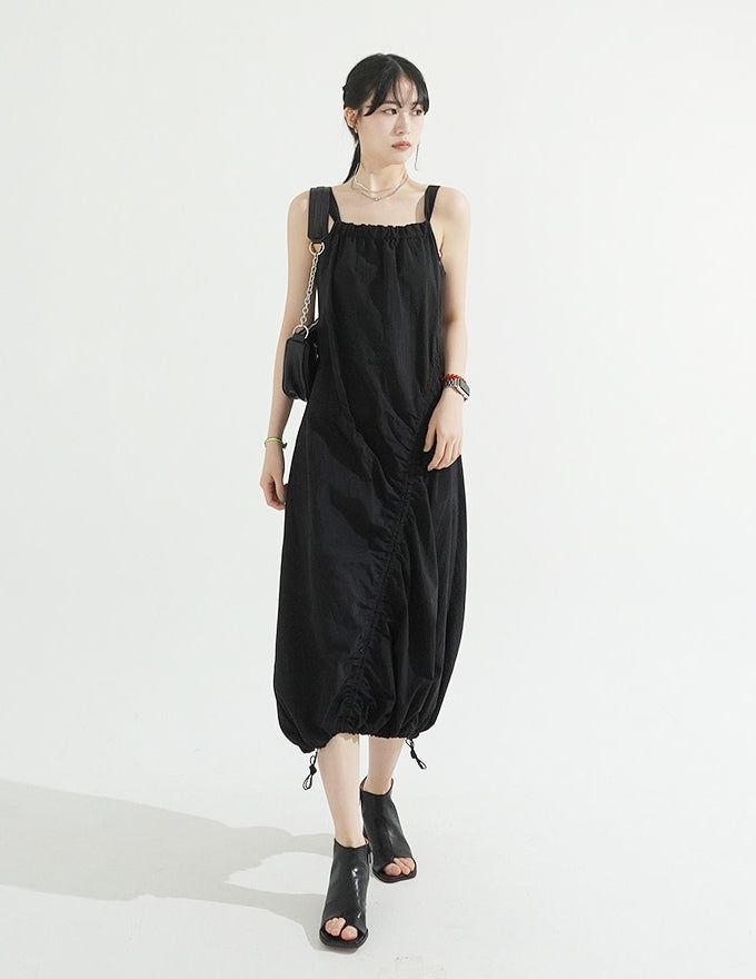 String Shirring Balloon Long Dress