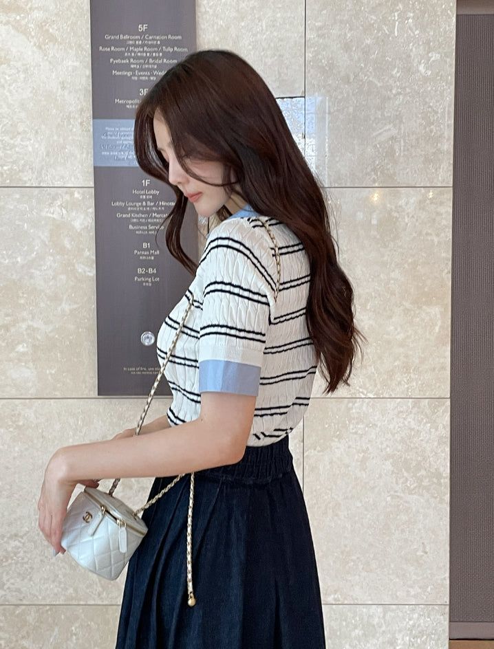 Monta Color Matching Collar Stripe Cable Knit