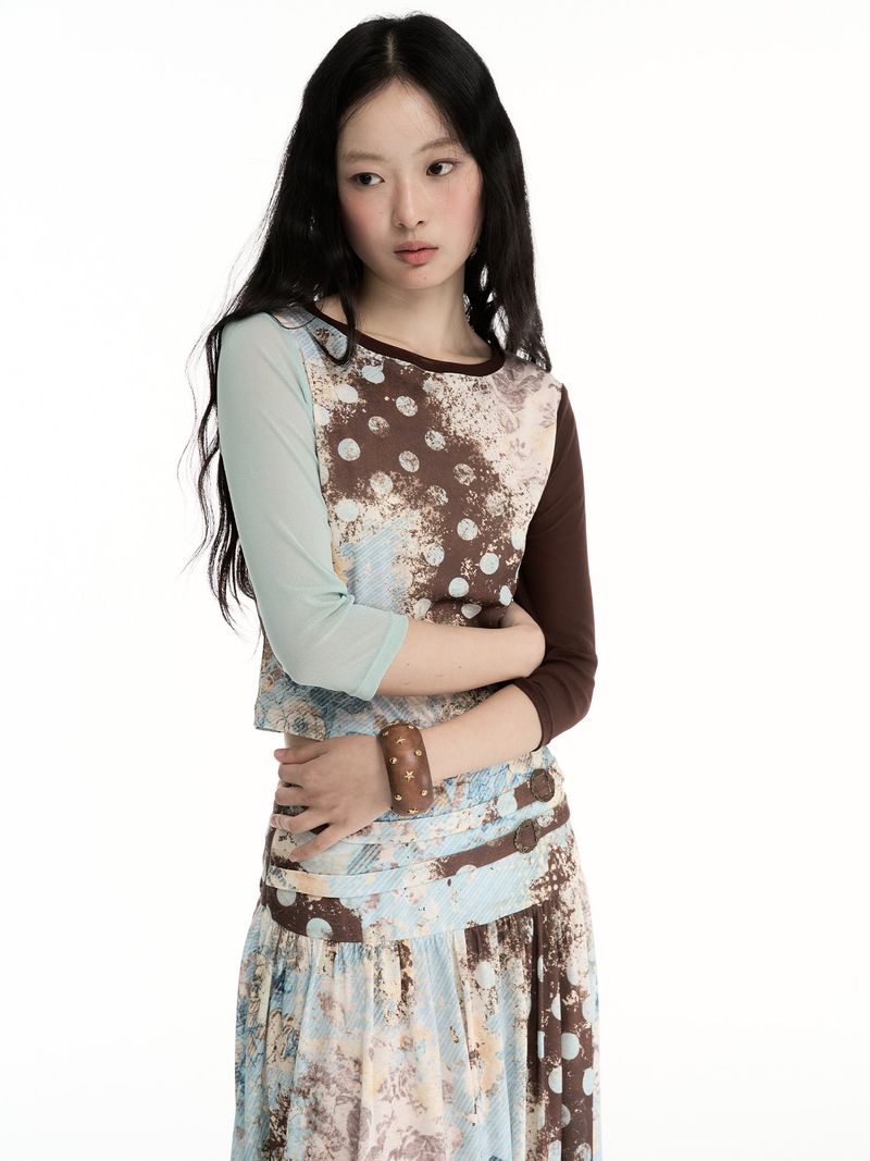 CONFUN Original Polka Dot Floral Pattern Striped Short-Sleeved Lightweight T-Shirt