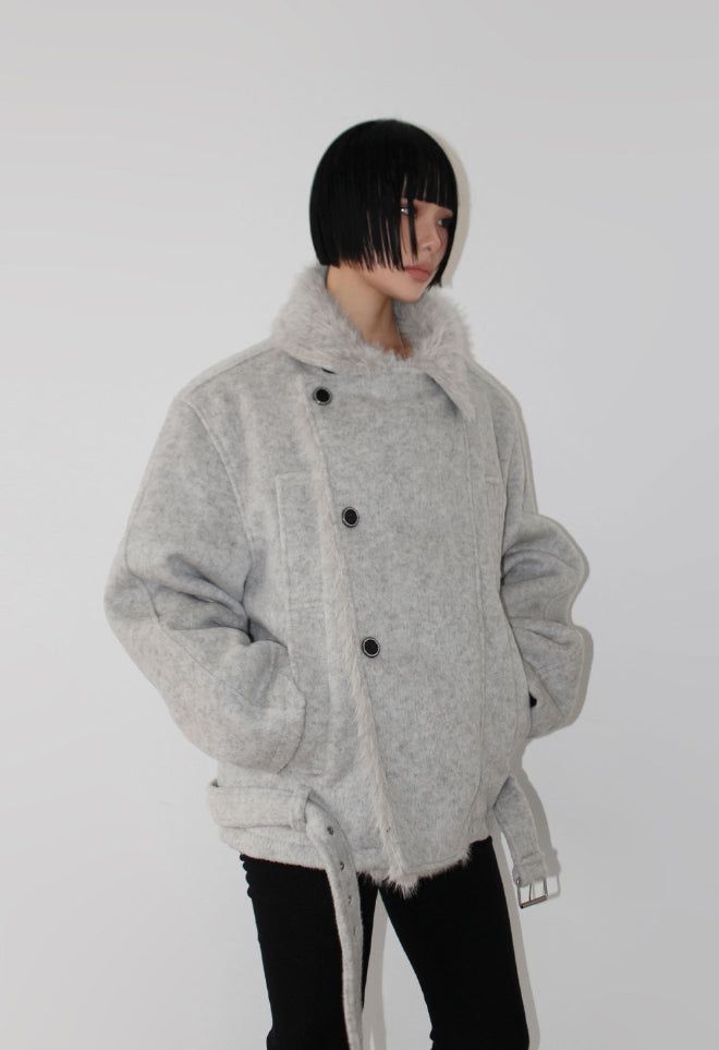 (3oz Quilting) FUR-COLLAR DOUBLE SHORT COAT