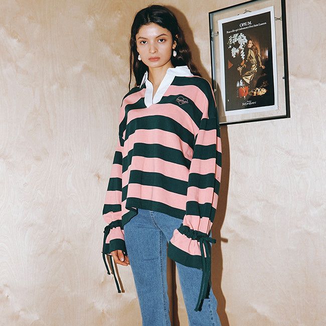 EYEYE（アイアイ）の「STRING DETAIL RUGBY T-SHIRT_PINK (EEOO1RLR02W)（Tops）」