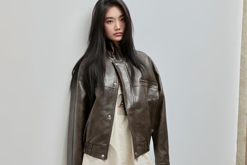 High-neck Leather Jacket_Brown