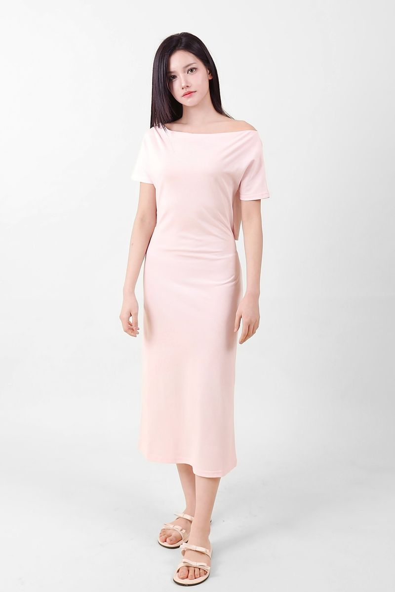 Off-Shoulder Slit Long Onepiece Pink