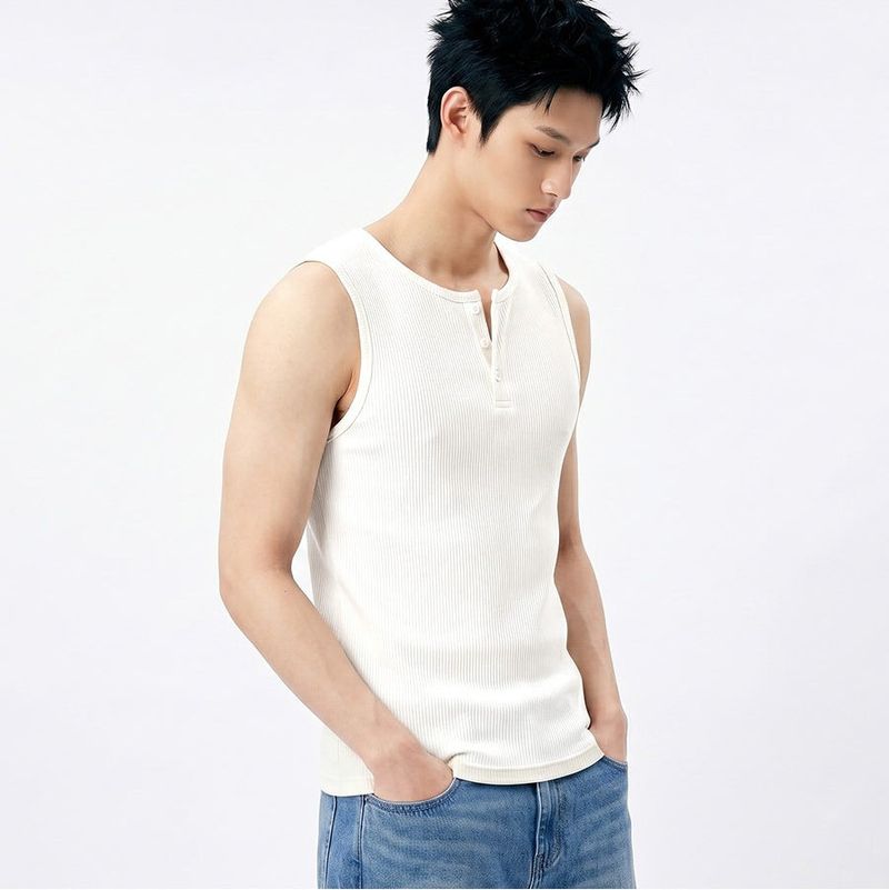 Ribbed Henley-Neck Sleeveless Top White