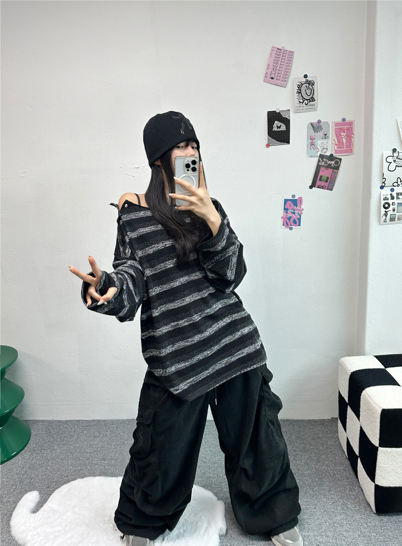 SHOULDER SNAP WARMER POINT STRIPED KNIT🤎🖤🧸 - 2 COLORS