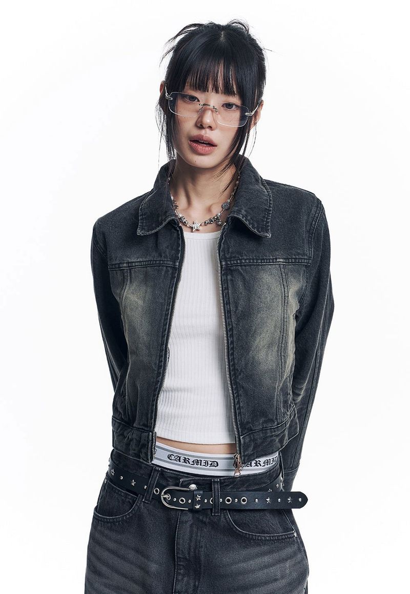 Washed Crop Track Denim Jacket - Black