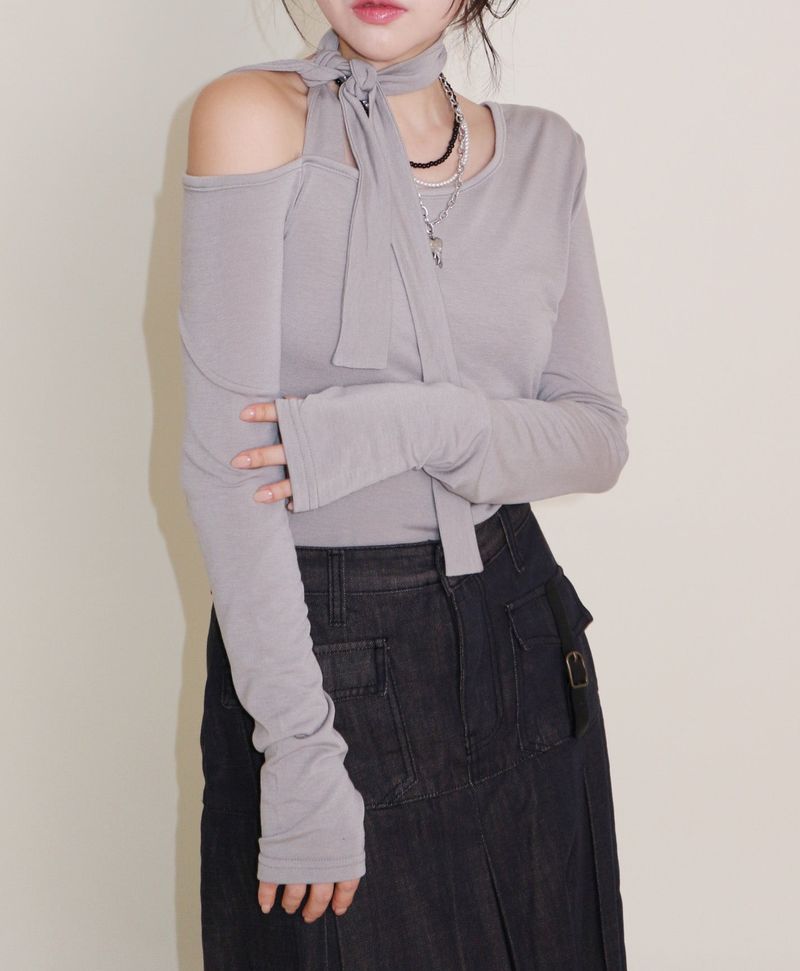 (Napping T-shirt) Euren One Shoulder Ribbon Tie Long-Sleeved Warmer T-Shirt