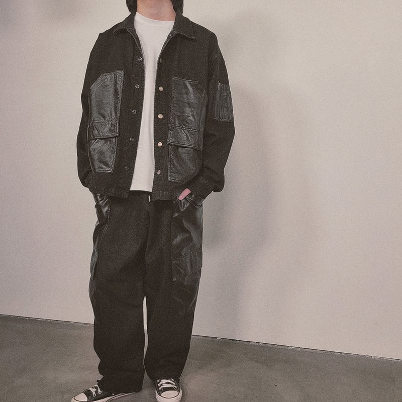 faux leather mix denim shirt_black