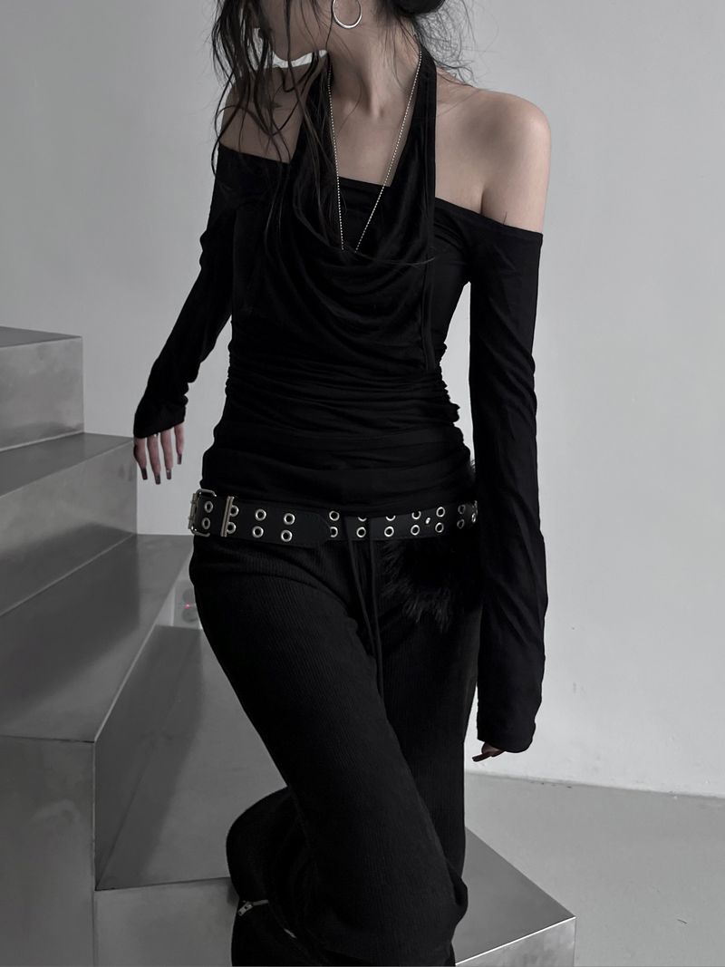 drape off-shoulder halter T (2color)