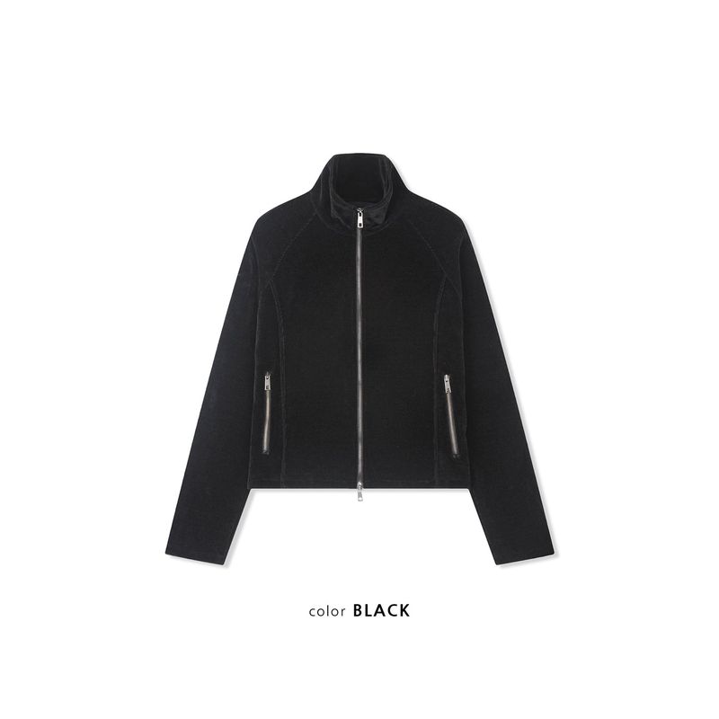 Velvet corduroy curved crop zip up(Black)
