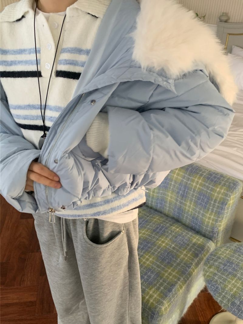 Ice Bloom Fur-Collar Duck Down Short Puffer