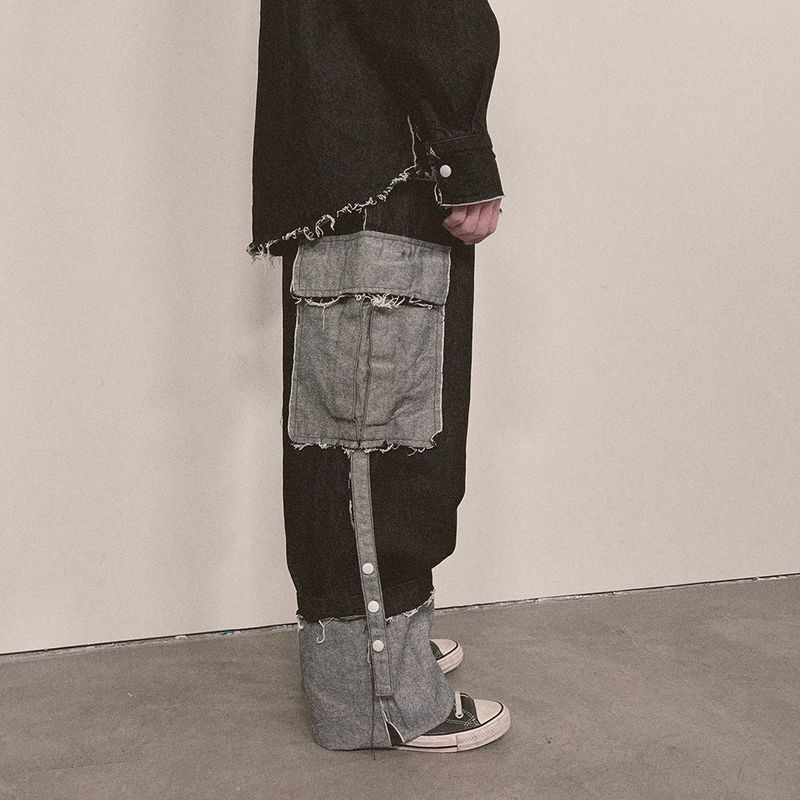 grunge roll-up denim pants_black
