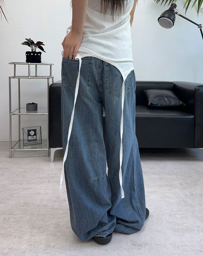 Medin Curved Linen Denim Pants